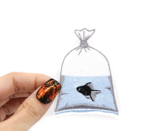 Black Goldfish in a Bag Iron-On Embroidered Patch