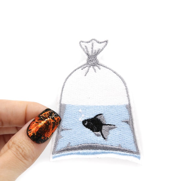 Black Goldfish in a Bag Iron-On Embroidered Patch