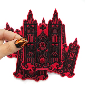 Gothic Cathedral Red and Black Embroidered Iron on Patch image 1