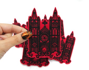 Gothic Cathedral Red and Black Embroidered Iron on Patch