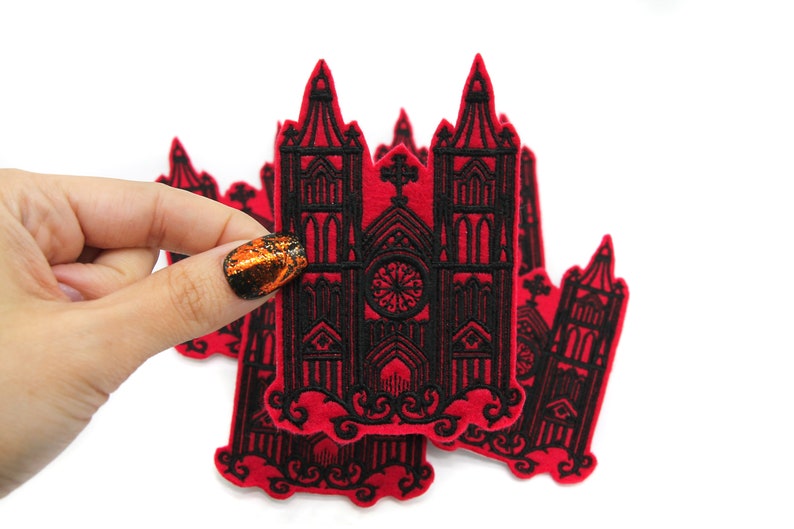 Gothic Cathedral Red and Black Embroidered Iron on Patch image 1