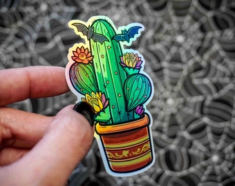 Bats and Blooming Cactus Flowers Holographic Sticker - Vinyl, Machine Die Cut & Water Resistant