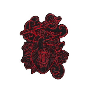 May include: Black embroidered patch with a red outline of a heart with a keyhole and a key, surrounded by roses.