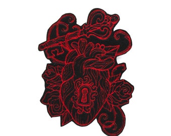 Anatomical Heart and Key Embroidered Iron On Patch - Red and Black