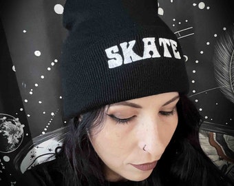 Skate Embroidered Black Beanie Hat- Choose your color!