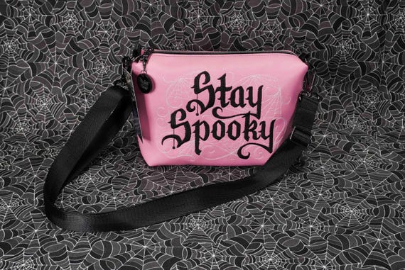 Light Pink and Black Stay Spooky Embroidered Small Crossbody Bag –  Handmade, Vegan Leather, Gunmetal Hardware