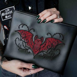 Red Bat Filigree Black Flat Zip Pouch with Gunmetal Hardware