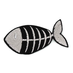 May include: Black embroidered iron-on patch of a fish skeleton with white stitching.