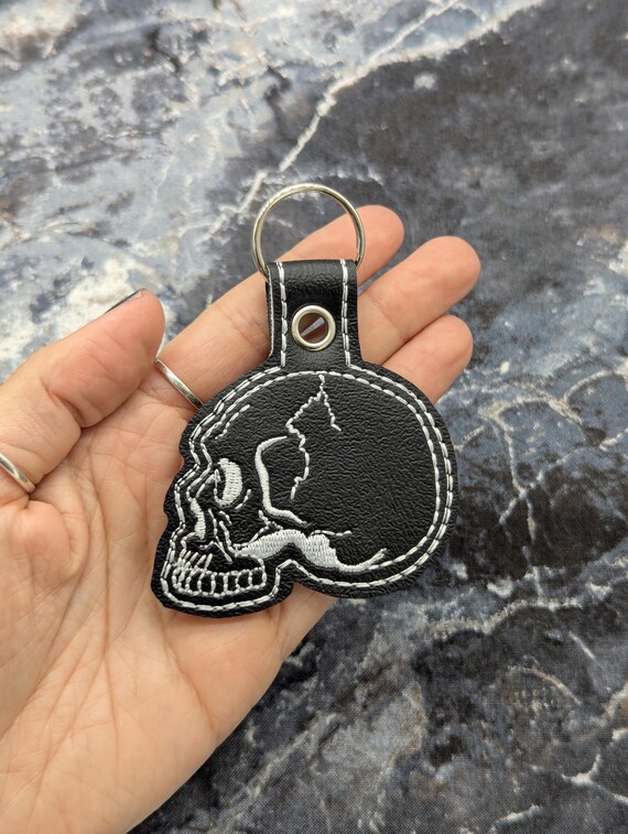 Black Skull Keychain Embroidered Faux Leather With Silver