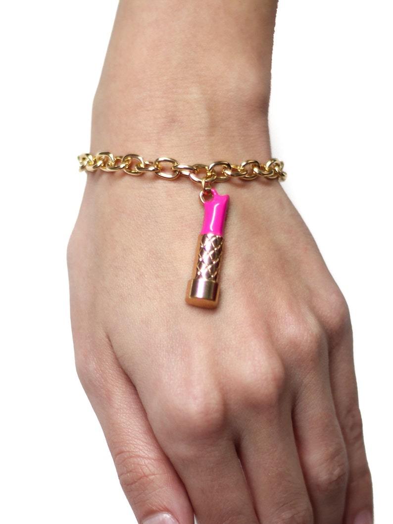 Gold & Pink Lipstick Charm Bracelet | Etsy