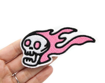 Pink Flaming Skull Iron On Embroidered Patch