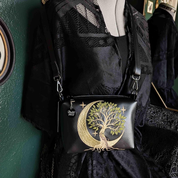 Tree and Crescent Moon Small Black Crossbody Bag – Handmade, Vegan Leather, Gold Embroidery, Gunmetal Hardware