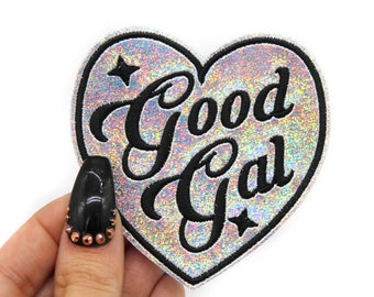 Good Gal Glitter Heart Holographic Vinyl Iron On Embroidered Patch