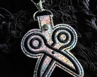 Scissors Embroidered Keychain - Silver Glitter Holographic Vegan Leather with Silver Hardware