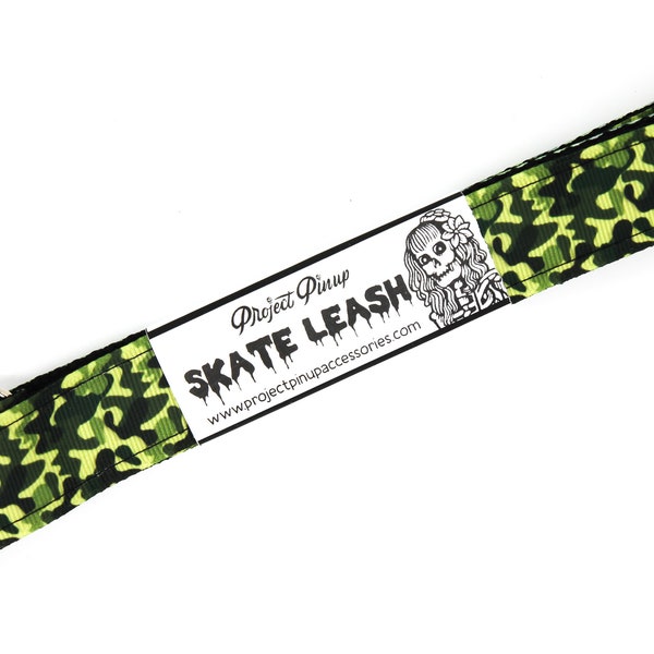 Green Camouflage  Black Roller Skate Leash with D Rings - Adjustable -  Yoga Mat Strap - Skateboard Sling