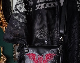 Red and Gunmetal Bat Black Small Crossbody Bag - Handmade, Vegan Leather, Embroidery, Gunmetal Hardware