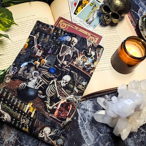 Skeleton Alchemist Book Sleeve - Gothic Book Pouch, Spooky Gift for Readers, Padded E-Reader Protector