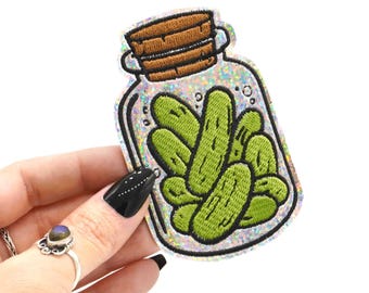 Parche termoadhesivo bordado holográfico con brillo de tarro de pepinillos