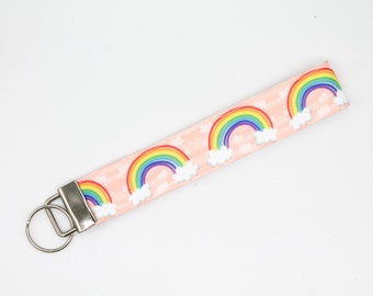 Rainbow Peach & White Keychain Key Fob Wristlet