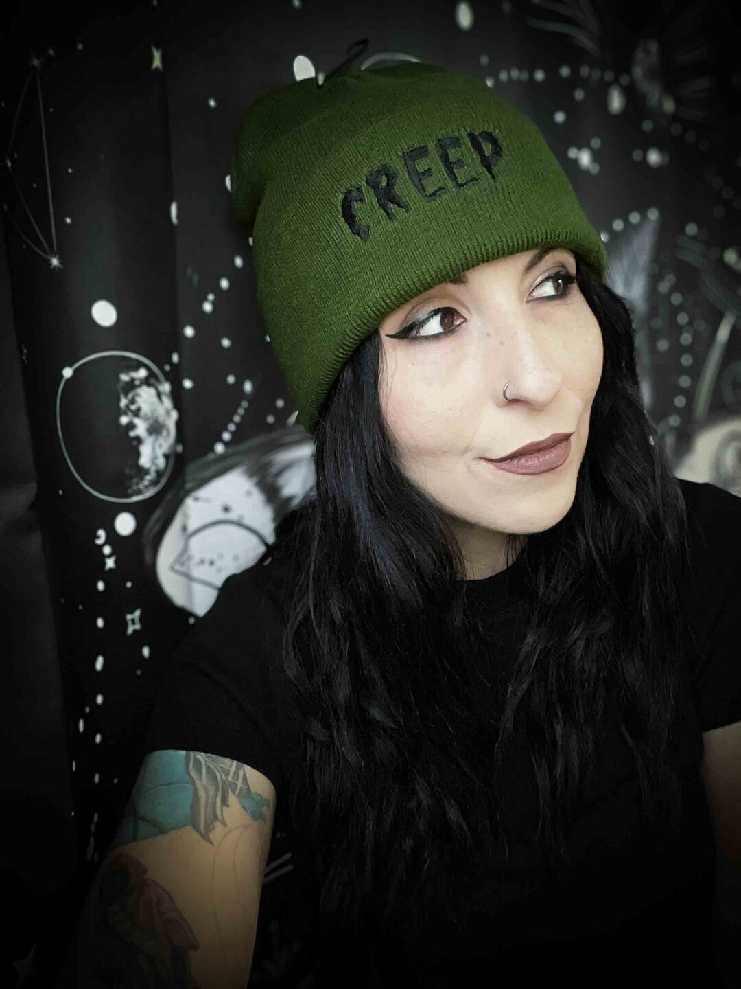 Creep Embroidered Olive Green Beanie Hat - Etsy