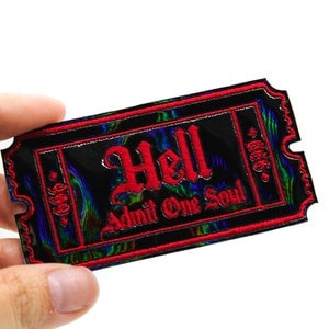 Black Holo Hell Admit One Soul 666 Gothic Iron On Embroidered Patch