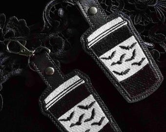 Black and White Bat Coffee Cup Embroidered Keychain - Vinyl with Gunmetal Hardware