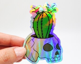 Holographic Cactus Skull Planter Sticker - Vinyl, Machine Die Cut & Waterproof