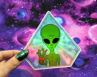 Alien Holding Cactus Plant Holographic Vinyl Sticker