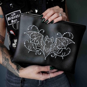 Silver Bat Filigree Black Flat Zip Pouch with Gunmetal Hardware