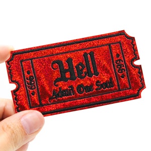 Red Glitter Holo Hell Admit One Soul 666 Gothic Iron On Embroidered Patch