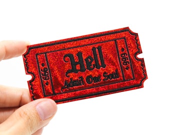 Red Glitter Holo Hell Admit One Soul 666 Gothic Iron On Embroidered Patch
