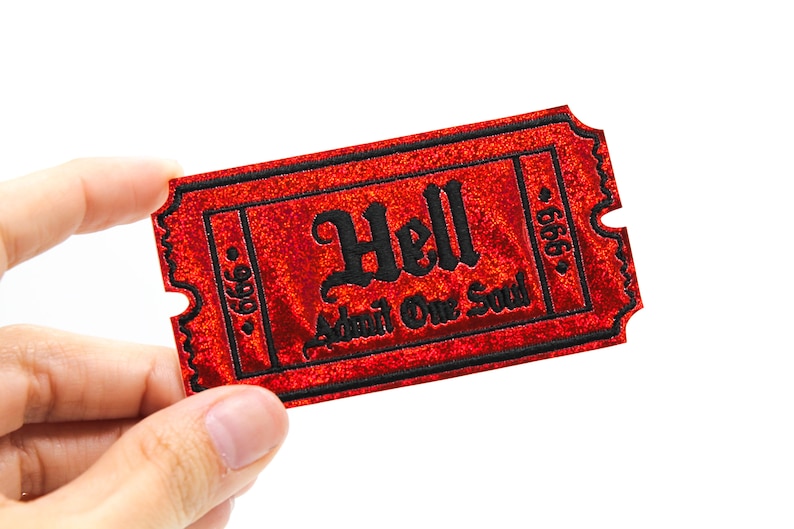 Red Glitter Holo Hell Admit One Soul 666 Gothic Iron on Embroidered ...