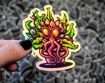 Pink and Purple Monster Plant Holographic Sticker - Vinyl, Machine Die Cut & Water Resistant