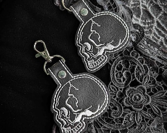Black Skull Keychain - Embroidered Faux Leather with Silver Hardware
