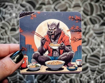 Cryptid Series Werewolf Eating Ramen Sticker - Vinyl, Machine Die Cut & Water Resistant