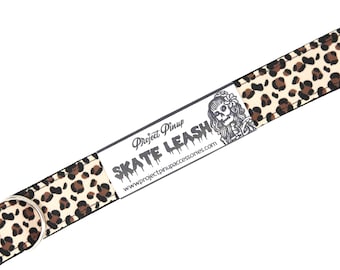 Beige Leopard Print Black Roller Skate Leash with D Rings - Adjustable - Yoga Mat Strap - Skateboard Sling