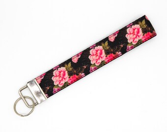 Gold Butterfly and Pink Peonies Keychain Key Fob Wristlet
