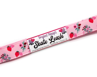 Strawberry Floral Pink Roller Skate Leash with D Rings - Adjustable - Yoga Mat Strap - Skateboard Sling