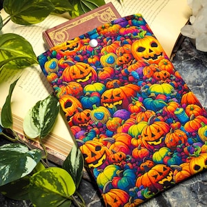 Neon Pumpkin Patch Book Sleeve - Colorful Halloween Book Pouch, Bright Jack-O’-Lantern E-Reader Cover, Spooky Gift for Readers