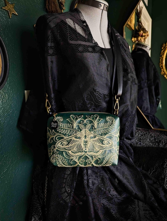 Forest Green and Gold Forest Moth Small Crossbody Bag – Handmade