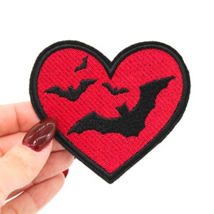 Bats Red Heart Iron On Embroidered Patch