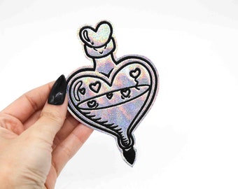 Love Potion Silver Glitter Holographic Embroidered Iron On Patch