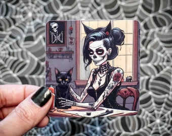 Gothic Kitten Girl with Black Cat Sticker - Vinyl, Machine Die Cut & Water Resistant