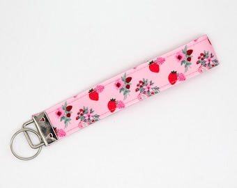 Pink Strawberries Keychain Key Fob Wristlet