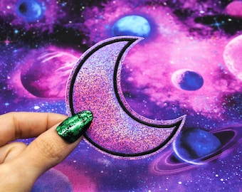 Purple Holographic Glitter Crescent Moon Vinyl Iron On Embroidered Patch