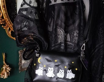 Ghost Kitties Black Small Crossbody Bag - Handmade, Vegan Leather, Embroidery, Gunmetal Hardware