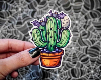 Bats and Moon Potted Cactus Sticker - Vinyl, Machine Die Cut & Water Resistant