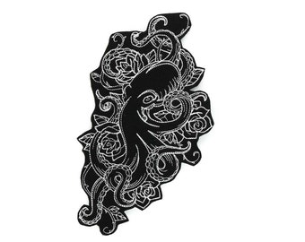 Large Octopus Black and White Iron On Embroidered Patch