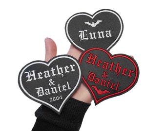 Custom 3.5" Gothic Name Heart Iron On Embroidered Patch on Black Vegan Leather