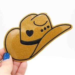 Cowgirl Hat Gold Sparkle Vinyl Embroidered Iron On Patch